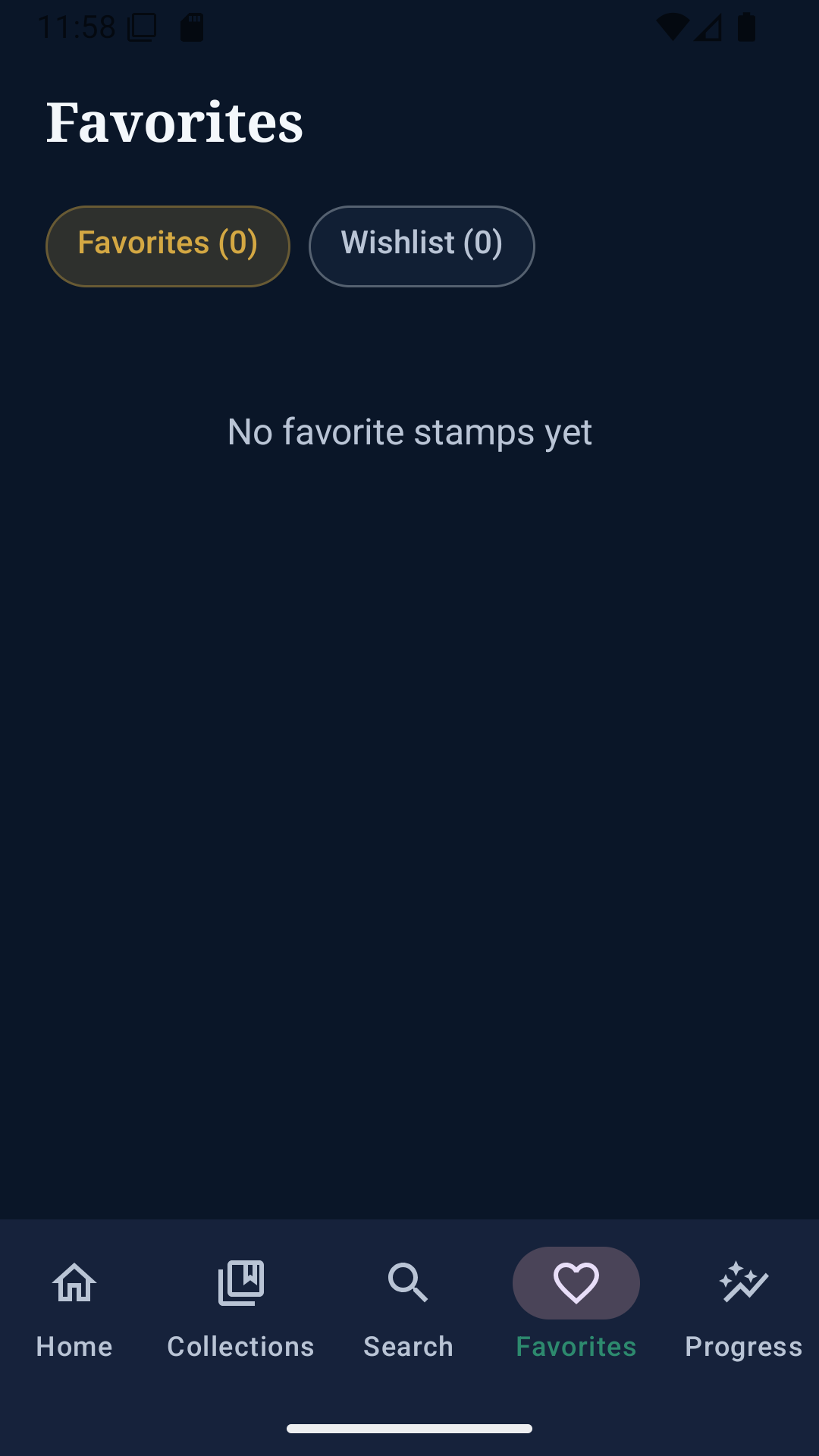 Favorites screen for saved stamps